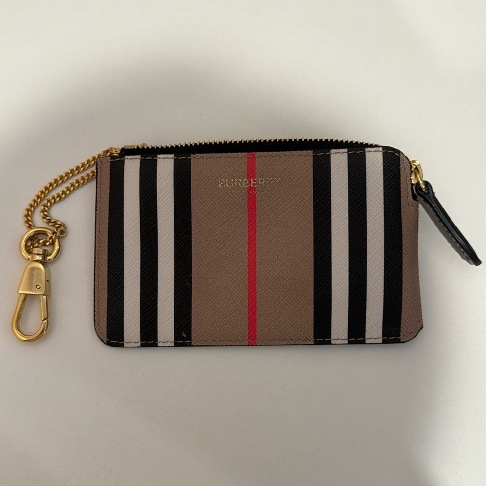 Authentic- Burberry Beige E-Canvas Icon Stripe Kelbrook Card Holder